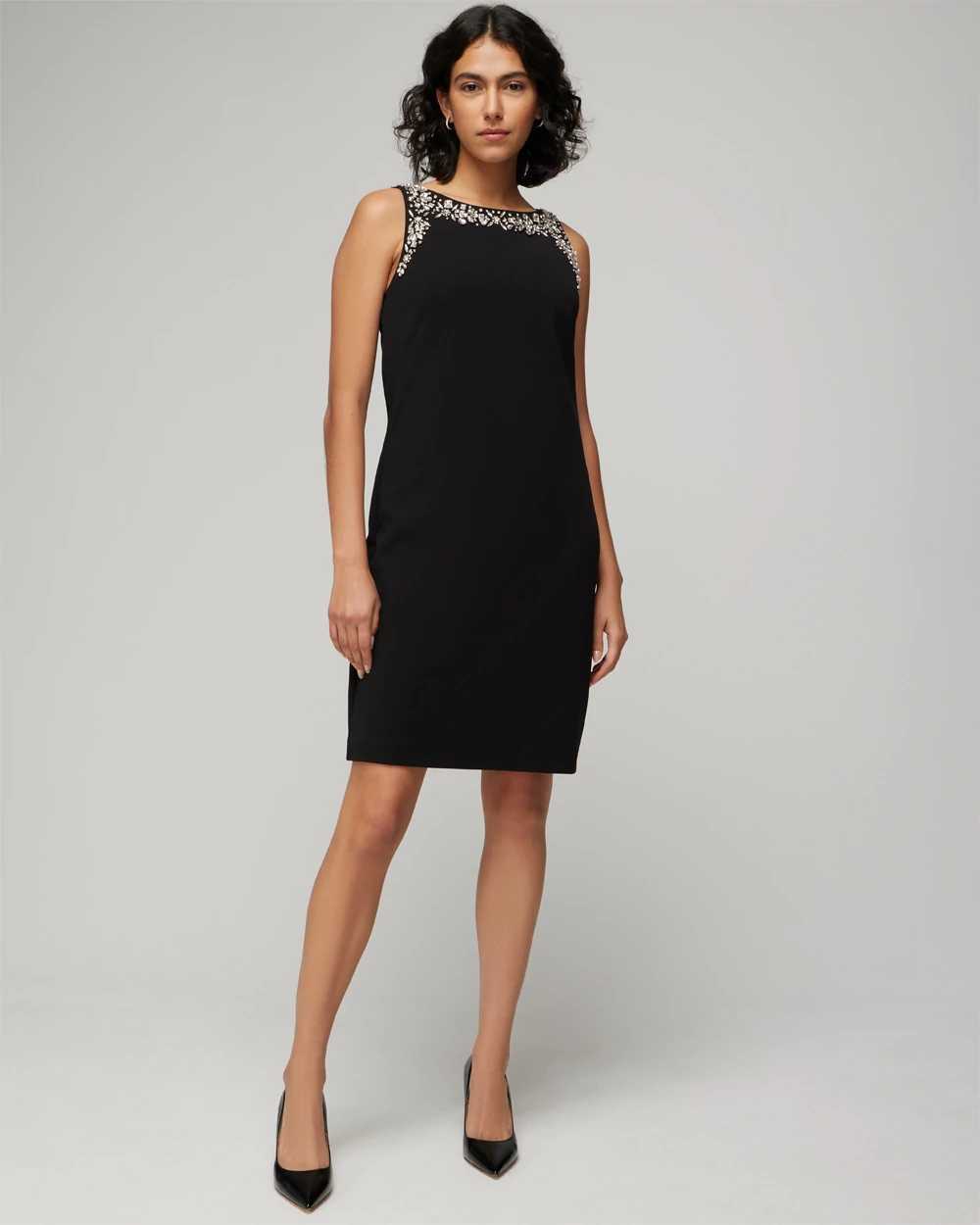 Petite Sleeveless Embellished Neck Shift Dress